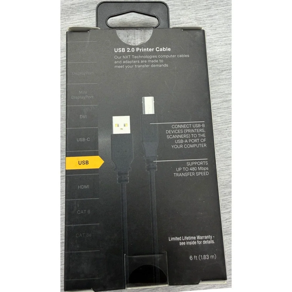 NXT Technologies USB 2.0 Printer Cable 6ft Black NX29749 USB-A to USB-B PC Cord